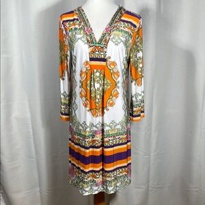 The Pyramid Collection Orange and Purple Resort Wear Long Sleeve Dress